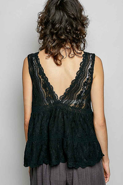 POL Deep V - Neck Scalloped Lace Sleeveless Top - Bitsy Gypsy Boutique