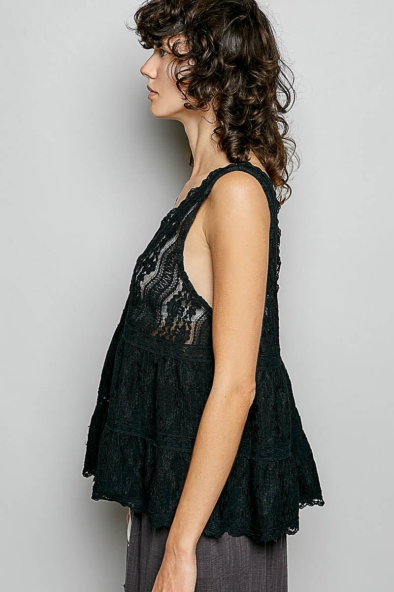 POL Deep V - Neck Scalloped Lace Sleeveless Top - Bitsy Gypsy Boutique