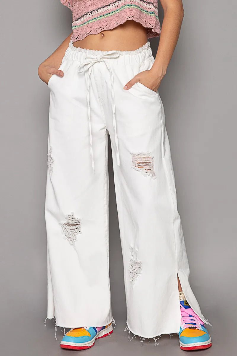 POL Distressed Drawstring Slit Wide leg Pants - Bitsy Gypsy Boutique