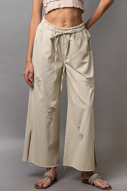 POL Distressed Drawstring Slit Wide leg Pants - Bitsy Gypsy Boutique