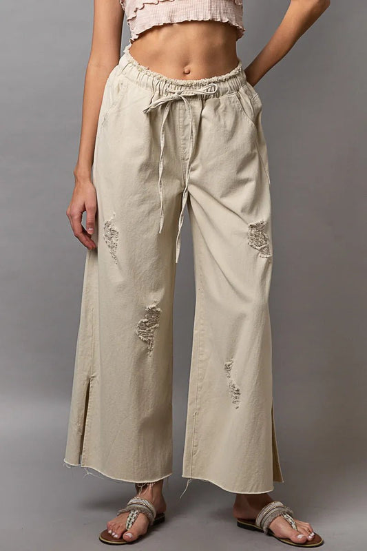 POL Distressed Drawstring Slit Wide leg Pants - Bitsy Gypsy Boutique