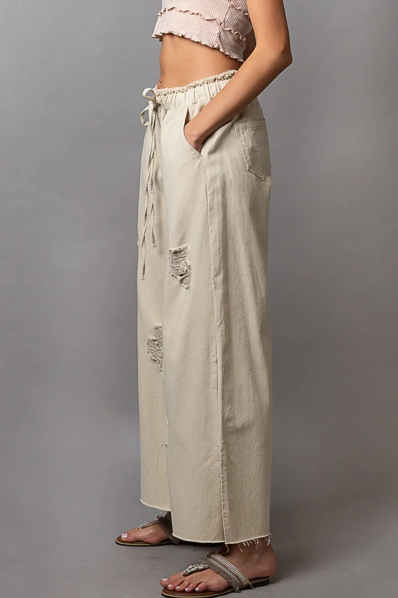 POL Distressed Drawstring Slit Wide leg Pants - Bitsy Gypsy Boutique