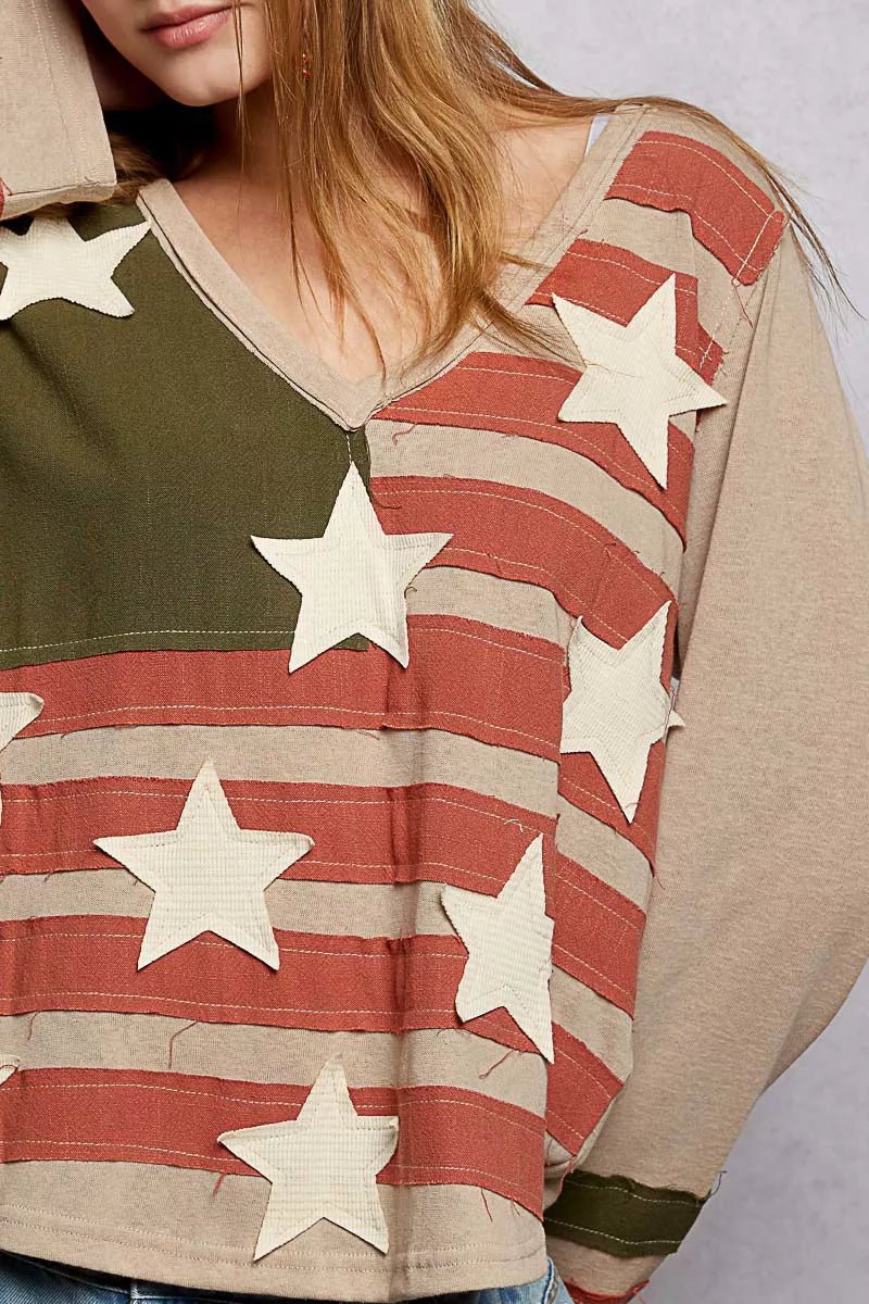 POL Double Gauze American Flag Patch V - Neck Long Sleeve T-Shirt - Bitsy Gypsy Boutique