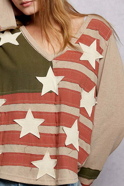 POL Double Gauze American Flag Patch V - Neck Long Sleeve T-Shirt - Bitsy Gypsy Boutique