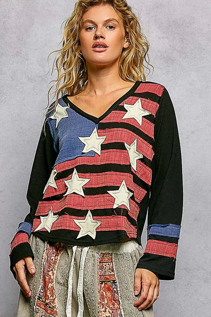 POL Double Gauze American Flag Patch V - Neck Long Sleeve T-Shirt - Bitsy Gypsy Boutique