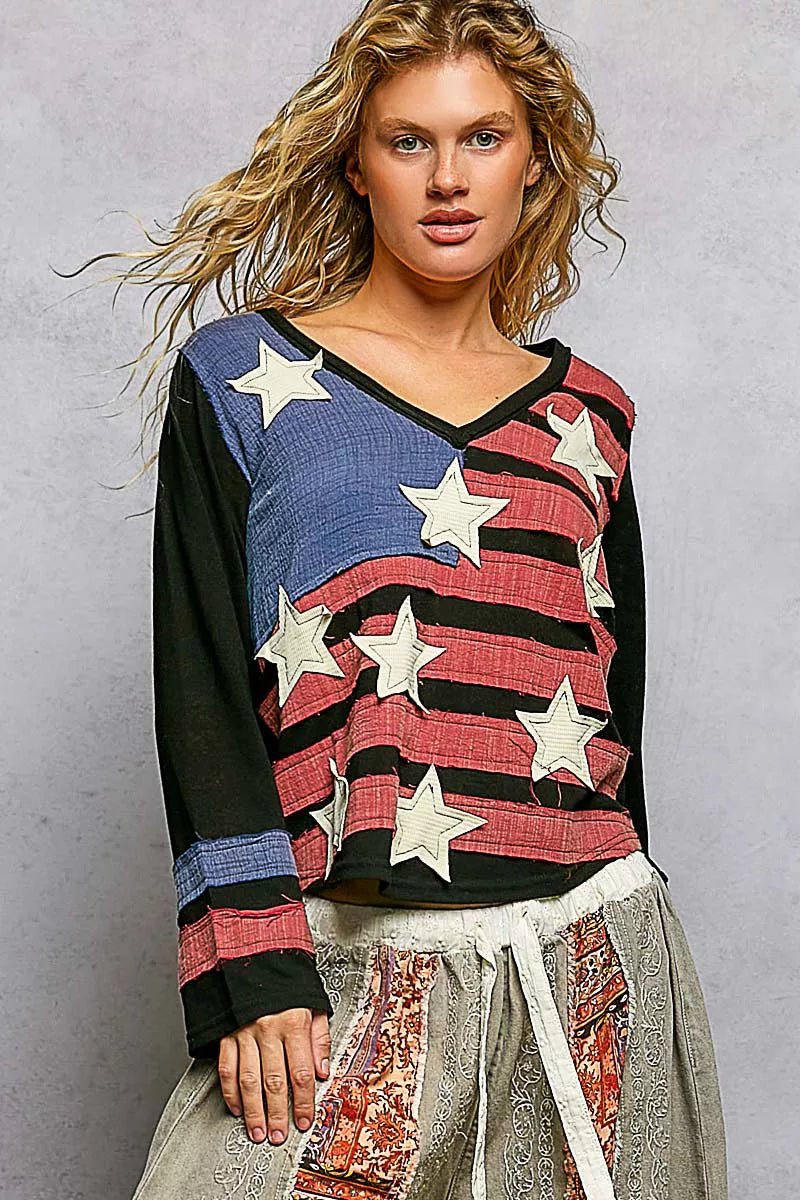 POL Double Gauze American Flag Patch V - Neck Long Sleeve T-Shirt - Bitsy Gypsy Boutique