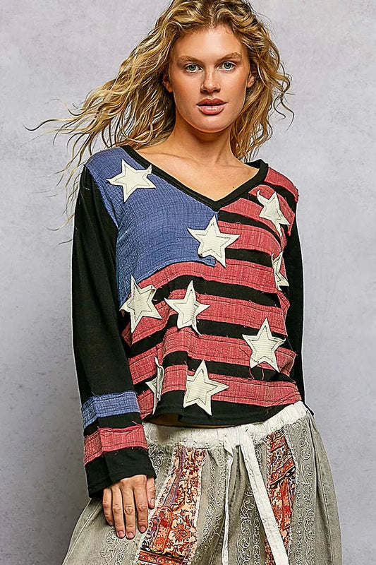 POL Double Gauze American Flag Patch V - Neck Long Sleeve T-Shirt - Bitsy Gypsy Boutique