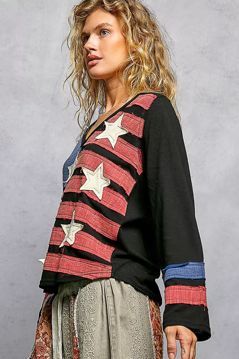 POL Double Gauze American Flag Patch V - Neck Long Sleeve T-Shirt - Bitsy Gypsy Boutique
