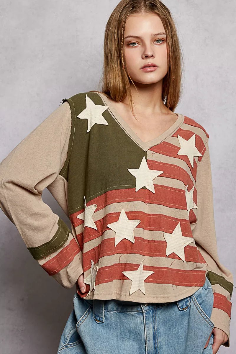 POL Double Gauze American Flag Patch V - Neck Long Sleeve T-Shirt - Bitsy Gypsy Boutique