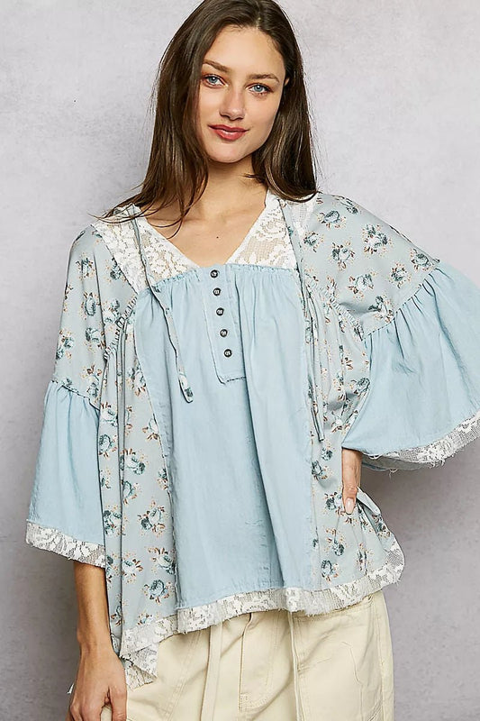 POL Double Gauze Floral Patch Blouse with Lace Detail - Bitsy Gypsy Boutique