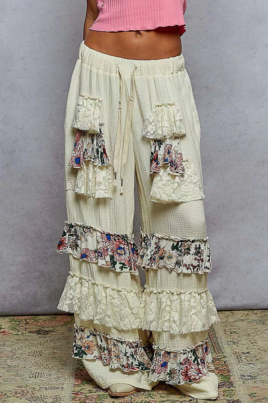 POL Drawstring Double Gauze Wide Leg Pants with Print and Lace Ruffle - Bitsy Gypsy Boutique