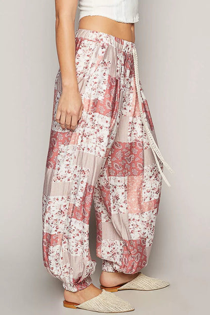 POL Drawstring Floral Patchwork Wide leg Pants - Bitsy Gypsy Boutique