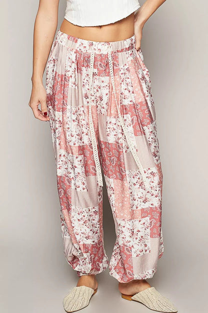 POL Drawstring Floral Patchwork Wide leg Pants - Bitsy Gypsy Boutique