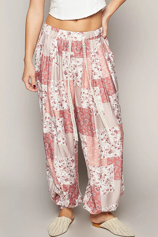 POL Drawstring Floral Patchwork Wide leg Pants - Bitsy Gypsy Boutique