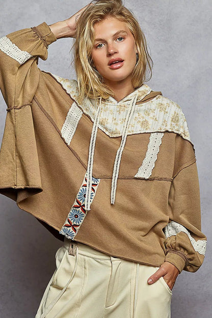 POL Drawstring French Terry Hoodie with Gauze Print Patch - Bitsy Gypsy Boutique