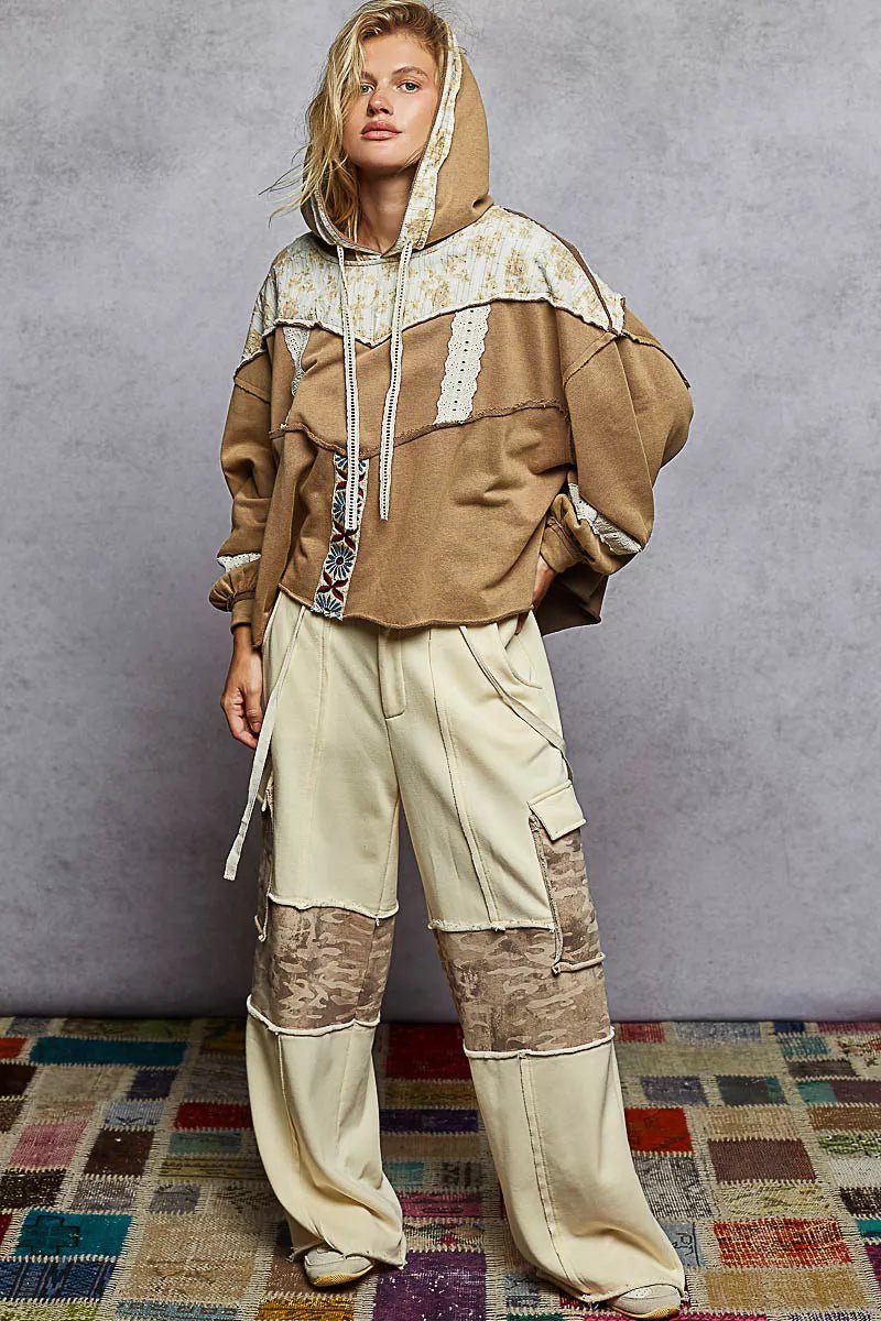 POL Drawstring French Terry Hoodie with Gauze Print Patch - Bitsy Gypsy Boutique