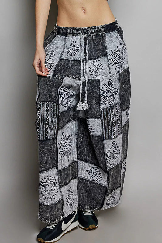POL Drawstring Patchwork Wide Leg Pants - Bitsy Gypsy Boutique