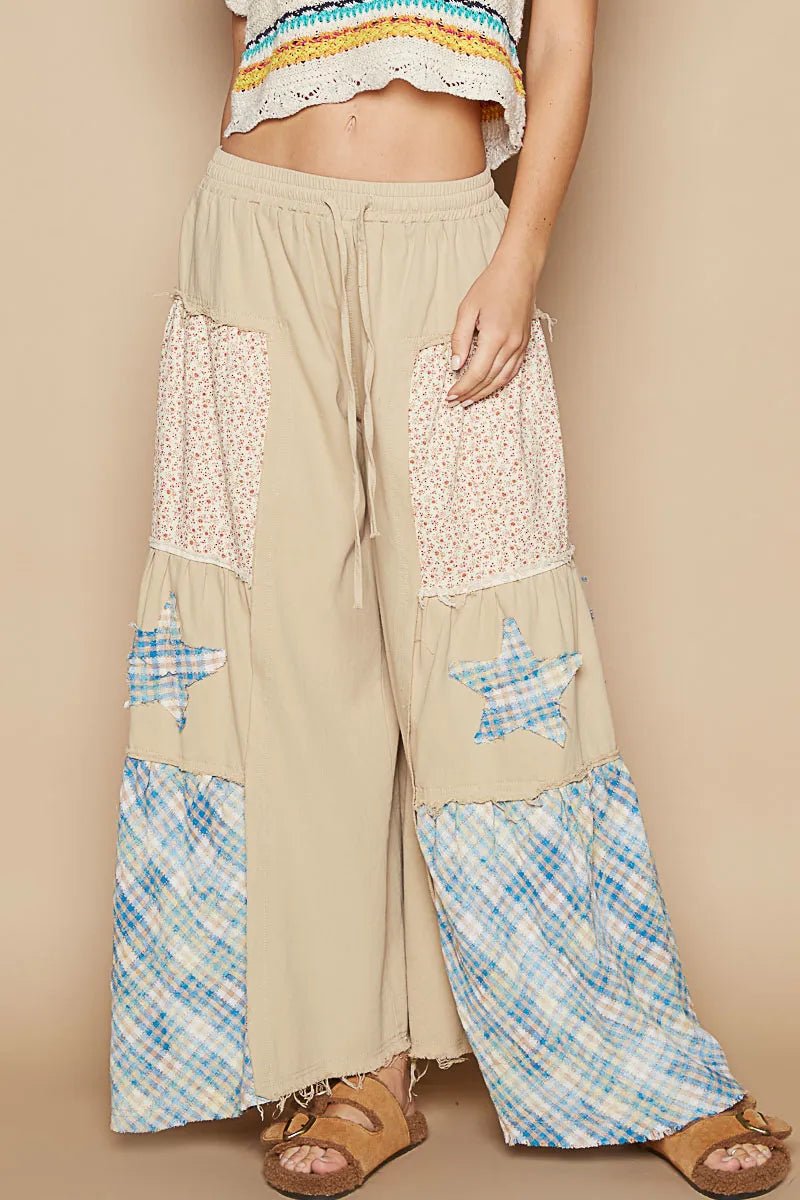 POL Drawstring Star Patch Contrast Wide Leg Pants - Bitsy Gypsy Boutique