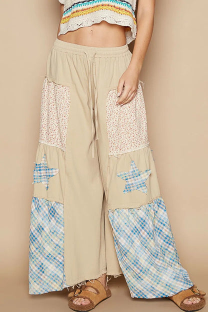 POL Drawstring Star Patch Contrast Wide Leg Pants - Bitsy Gypsy Boutique