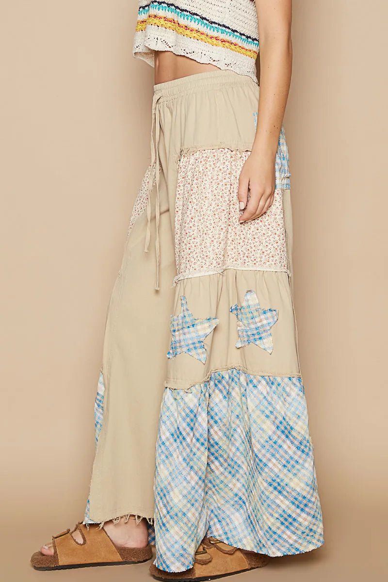 POL Drawstring Star Patch Contrast Wide Leg Pants - Bitsy Gypsy Boutique