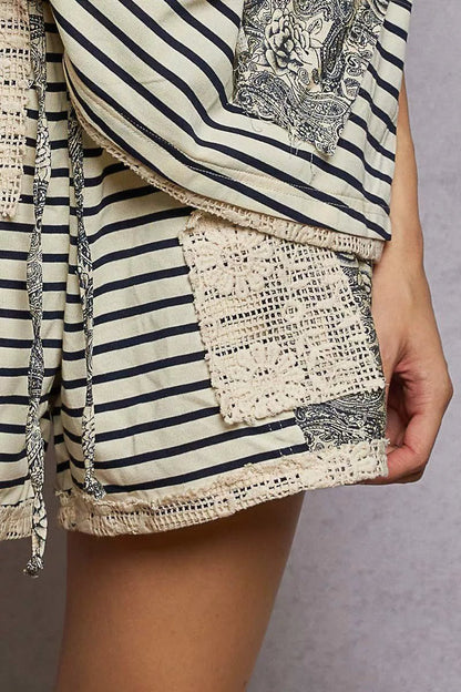POL Drawstring Striped Shorts with Paisley and Crochet Patch Details - Bitsy Gypsy Boutique