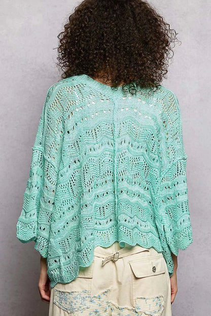 POL Drop Shoulder V - Neck Knit Top with Scalloped Hem - Bitsy Gypsy Boutique