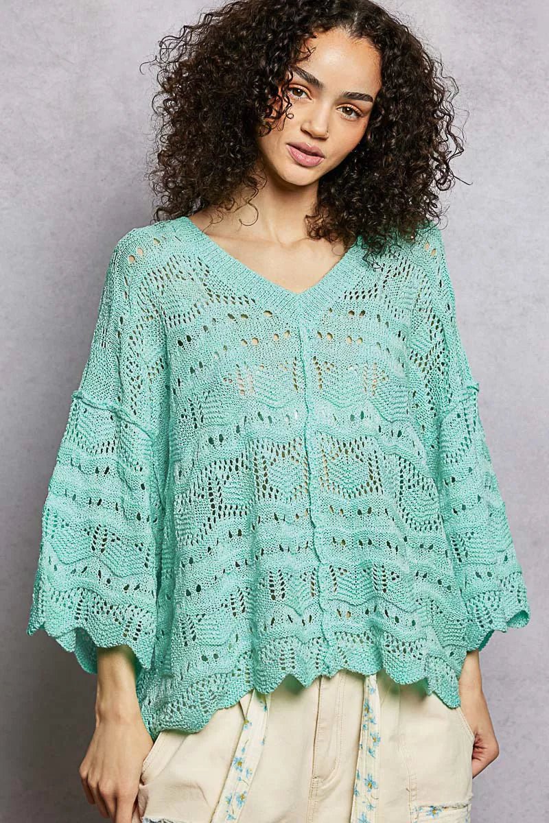 POL Drop Shoulder V - Neck Knit Top with Scalloped Hem - Bitsy Gypsy Boutique
