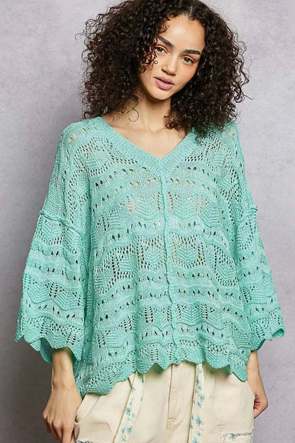 POL Drop Shoulder V - Neck Knit Top with Scalloped Hem - Bitsy Gypsy Boutique