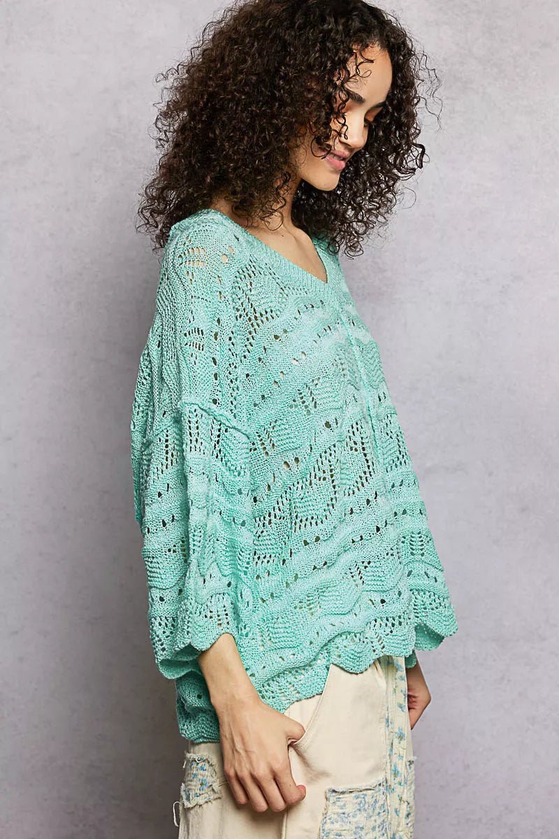 POL Drop Shoulder V - Neck Knit Top with Scalloped Hem - Bitsy Gypsy Boutique