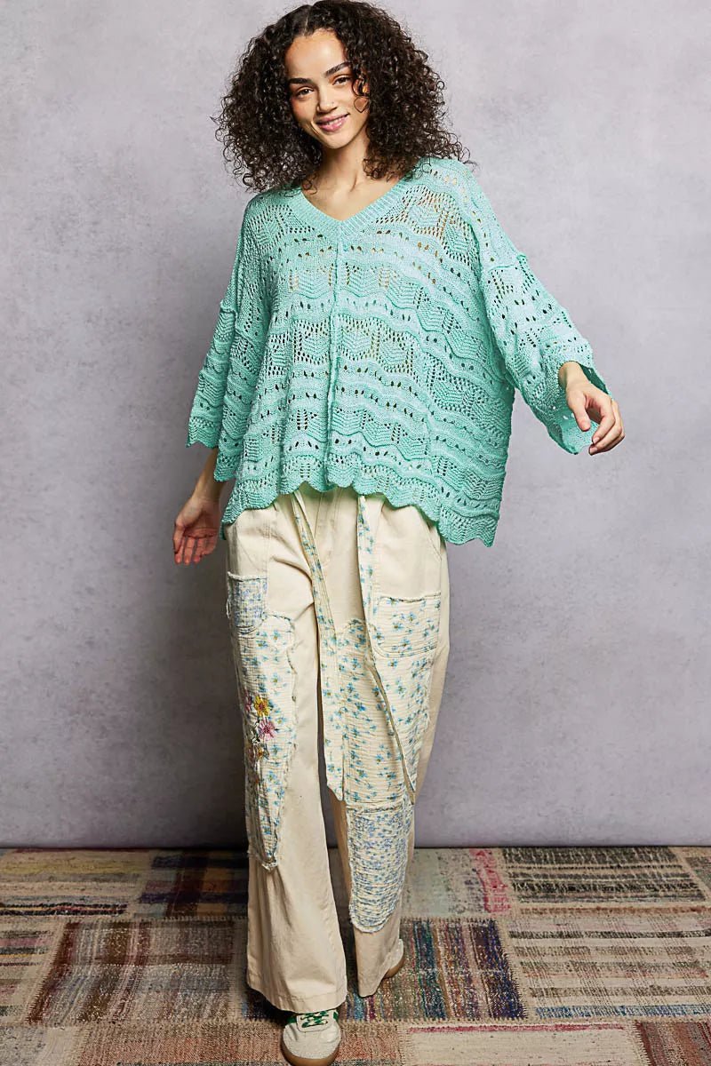 POL Drop Shoulder V - Neck Knit Top with Scalloped Hem - Bitsy Gypsy Boutique