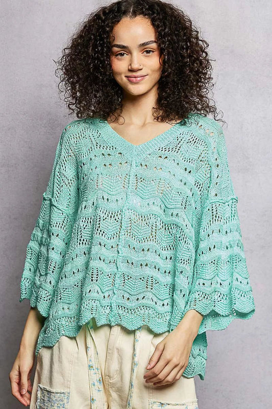 POL Drop Shoulder V - Neck Knit Top with Scalloped Hem - Bitsy Gypsy Boutique