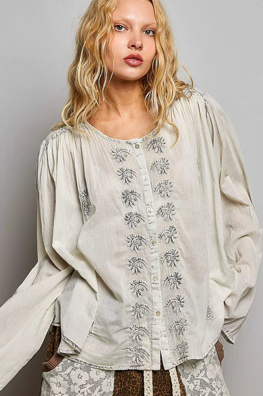 POL Embroidered Button Front Woven Shirt - Bitsy Gypsy Boutique