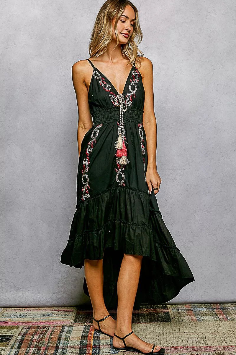 POL Embroidered Detail Tassel Tie Smocked Waist Midi Tiered Cami Dress - Bitsy Gypsy Boutique