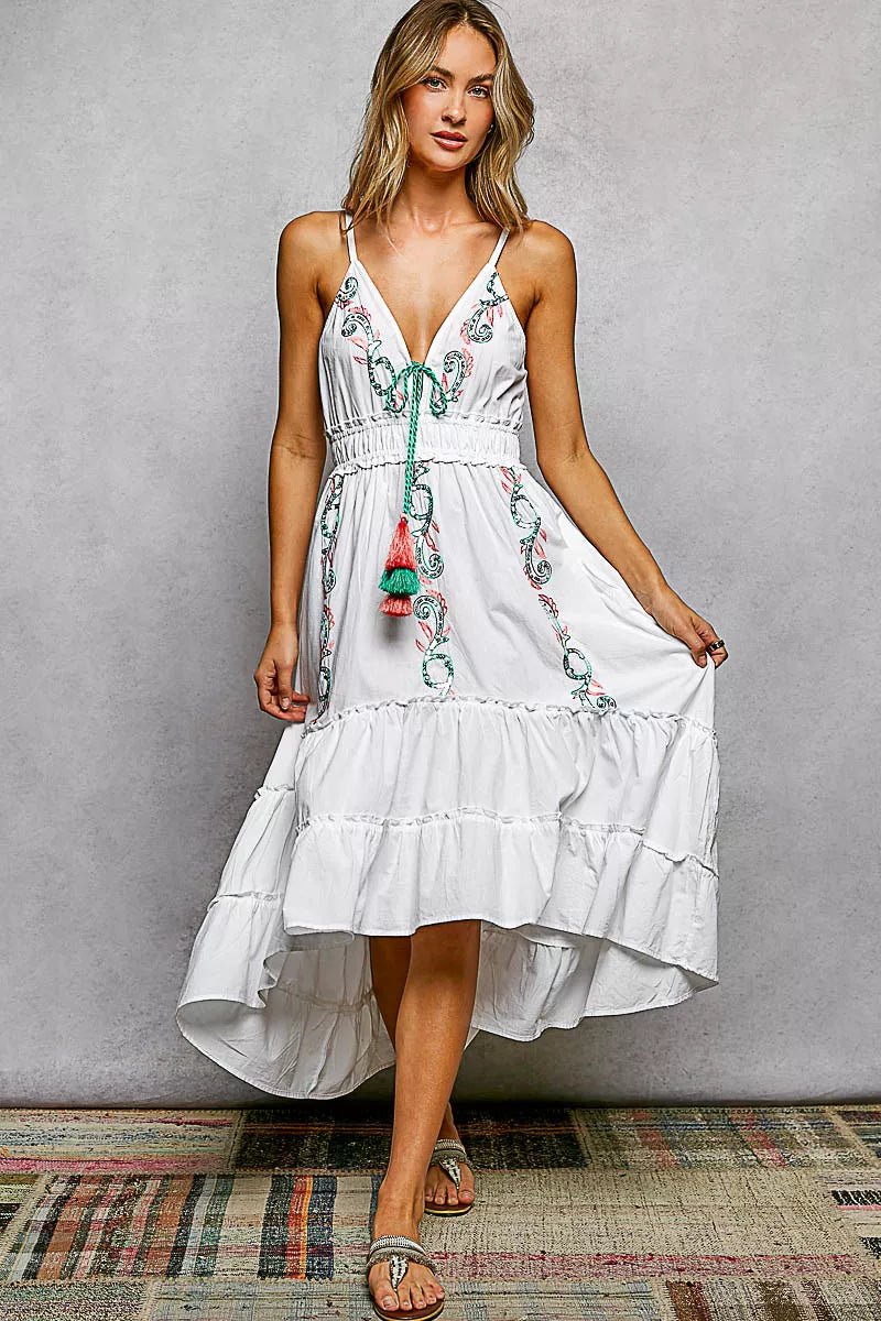 POL Embroidered Detail Tassel Tie Smocked Waist Midi Tiered Cami Dress - Bitsy Gypsy Boutique