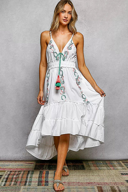 POL Embroidered Detail Tassel Tie Smocked Waist Midi Tiered Cami Dress - Bitsy Gypsy Boutique