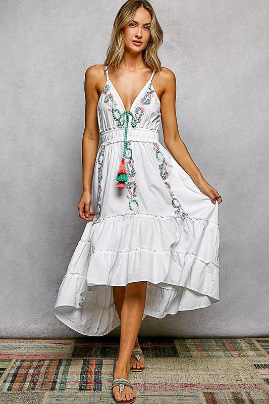 POL Embroidered Detail Tassel Tie Smocked Waist Midi Tiered Cami Dress - Bitsy Gypsy Boutique