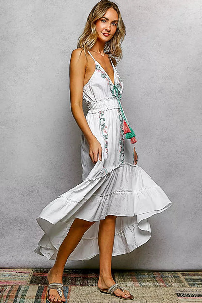 POL Embroidered Detail Tassel Tie Smocked Waist Midi Tiered Cami Dress - Bitsy Gypsy Boutique