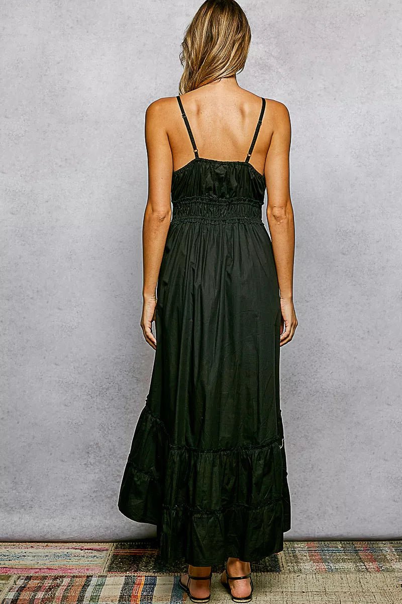 POL Embroidered Detail Tassel Tie Smocked Waist Midi Tiered Cami Dress - Bitsy Gypsy Boutique
