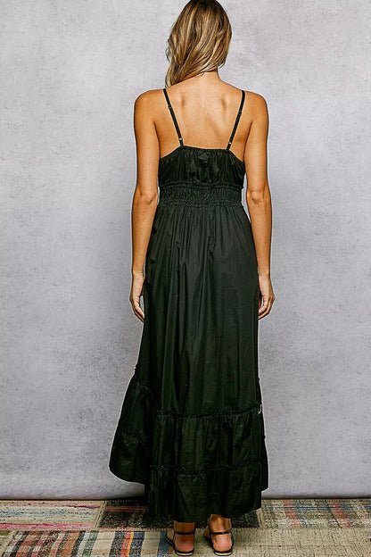 POL Embroidered Detail Tassel Tie Smocked Waist Midi Tiered Cami Dress - Bitsy Gypsy Boutique