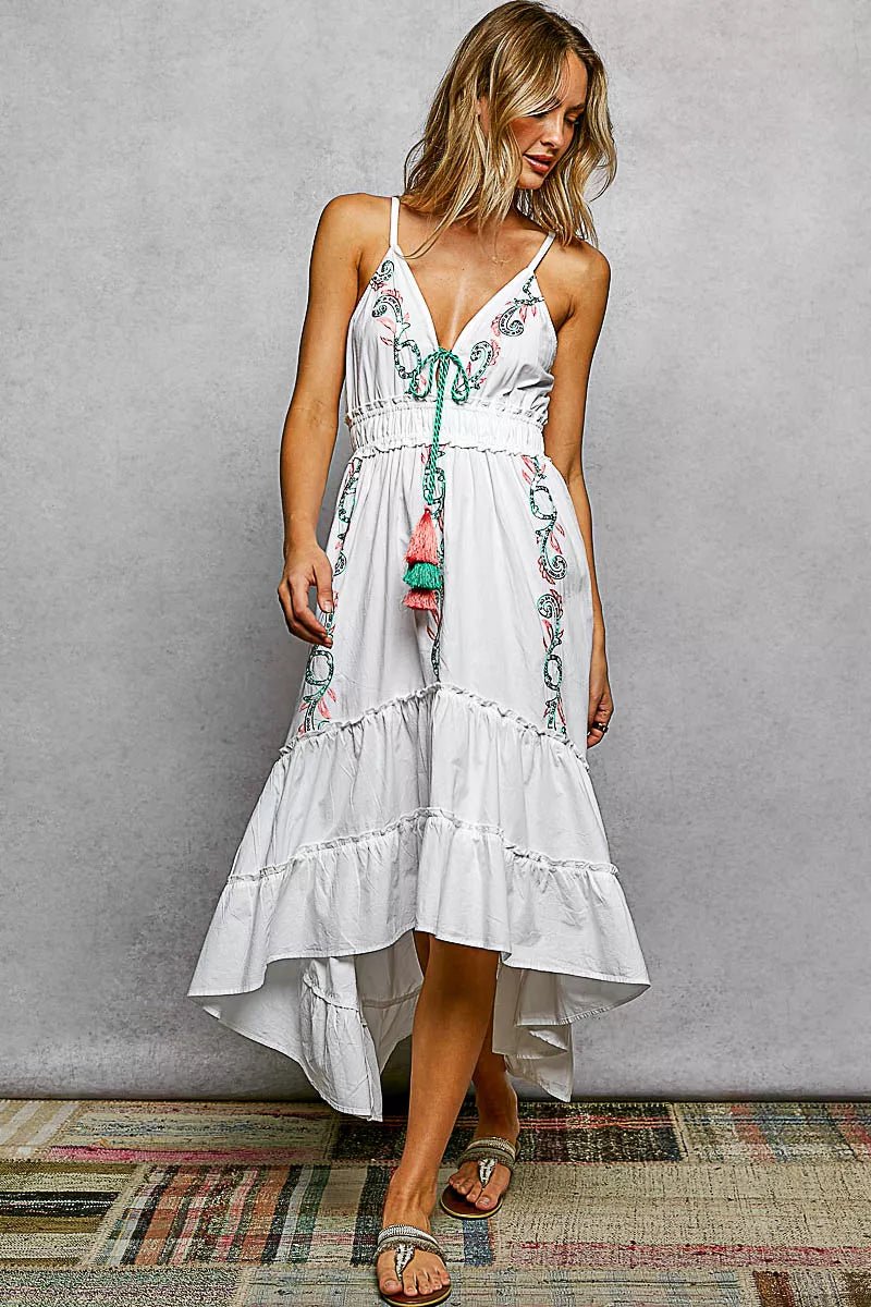 POL Embroidered Detail Tassel Tie Smocked Waist Midi Tiered Cami Dress - Bitsy Gypsy Boutique