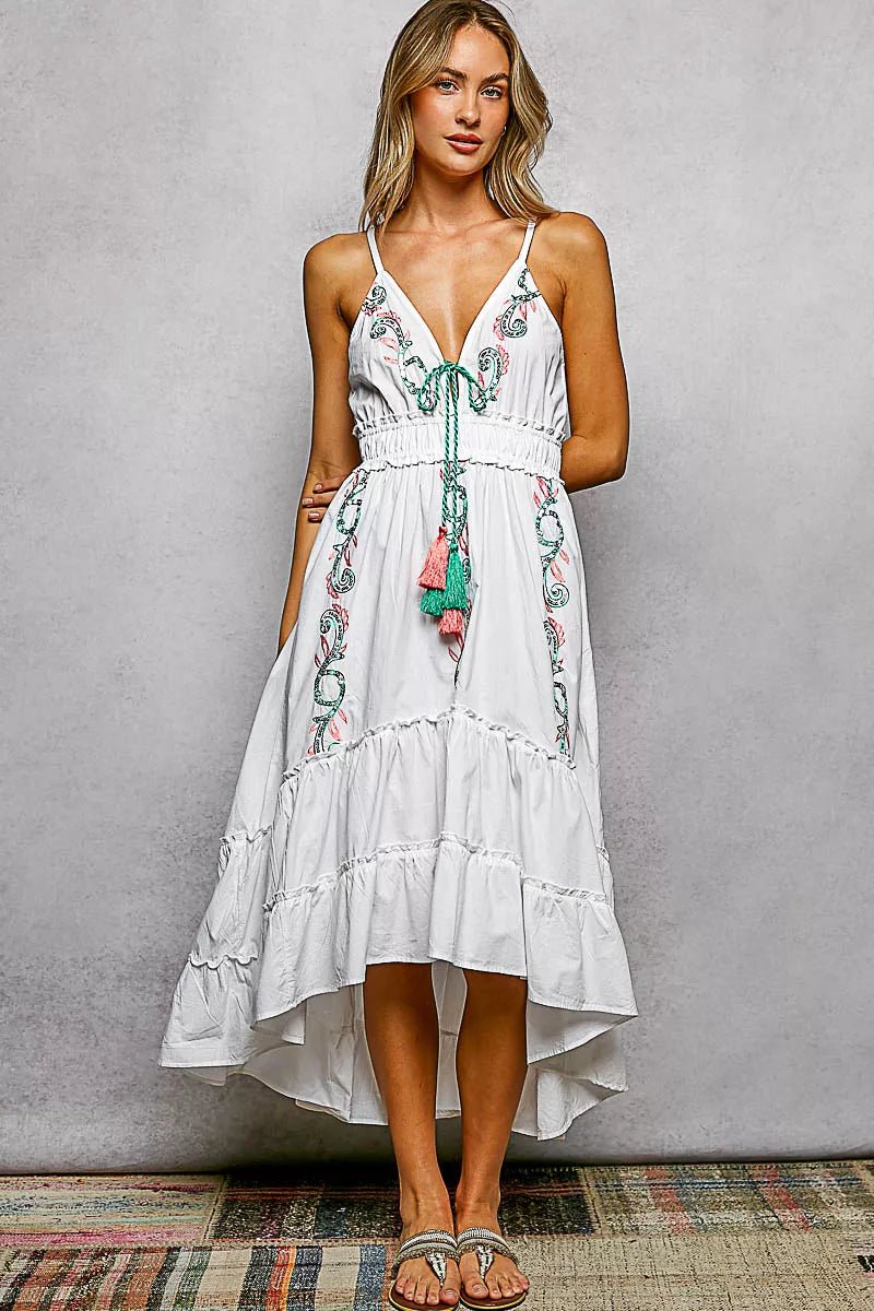 POL Embroidered Detail Tassel Tie Smocked Waist Midi Tiered Cami Dress - Bitsy Gypsy Boutique
