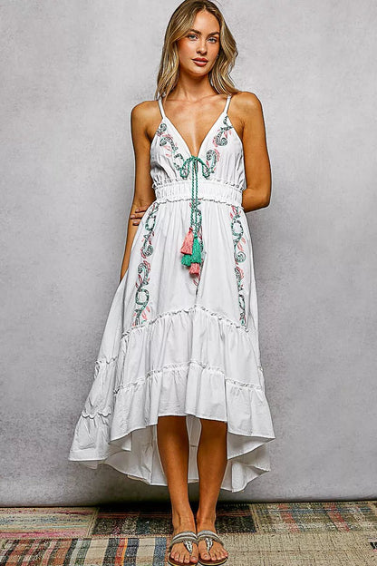 POL Embroidered Detail Tassel Tie Smocked Waist Midi Tiered Cami Dress - Bitsy Gypsy Boutique
