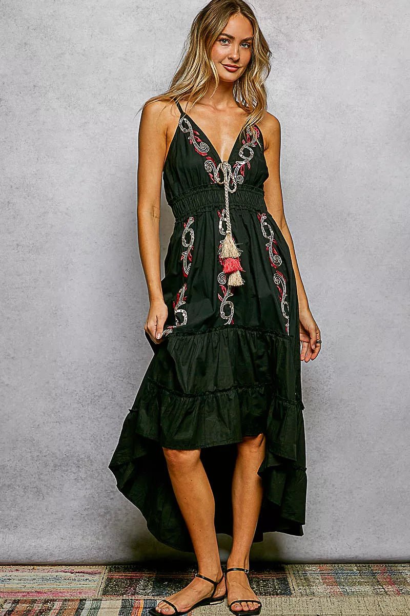 POL Embroidered Detail Tassel Tie Smocked Waist Midi Tiered Cami Dress - Bitsy Gypsy Boutique