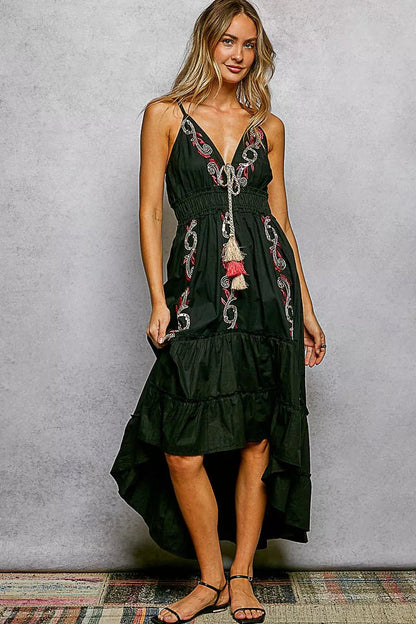 POL Embroidered Detail Tassel Tie Smocked Waist Midi Tiered Cami Dress - Bitsy Gypsy Boutique