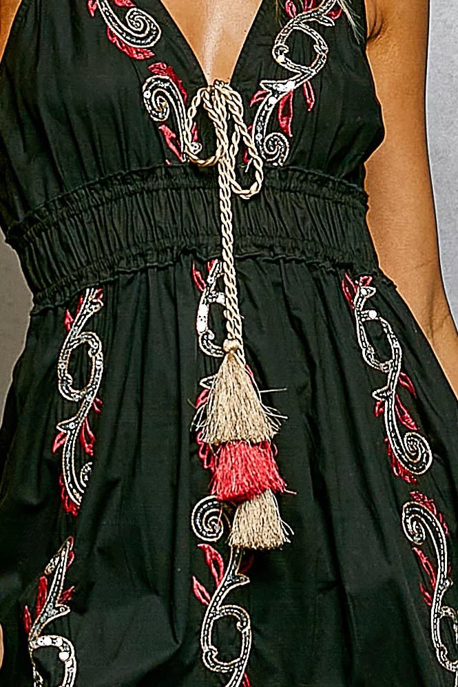 POL Embroidered Detail Tassel Tie Smocked Waist Midi Tiered Cami Dress - Bitsy Gypsy Boutique