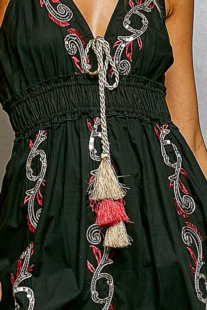 POL Embroidered Detail Tassel Tie Smocked Waist Midi Tiered Cami Dress - Bitsy Gypsy Boutique