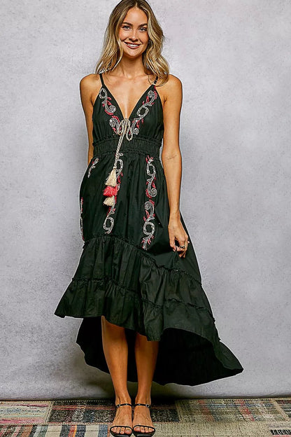 POL Embroidered Detail Tassel Tie Smocked Waist Midi Tiered Cami Dress - Bitsy Gypsy Boutique