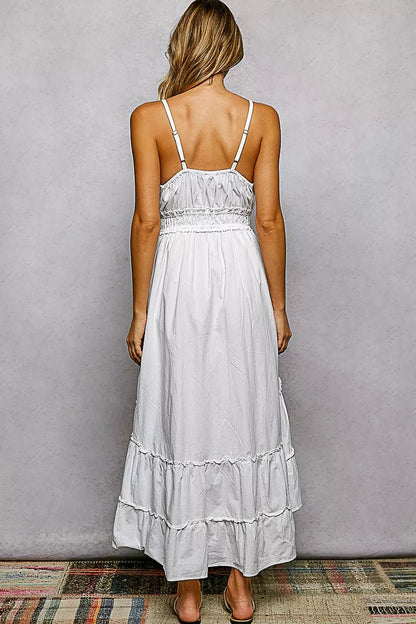 POL Embroidered Detail Tassel Tie Smocked Waist Midi Tiered Cami Dress - Bitsy Gypsy Boutique