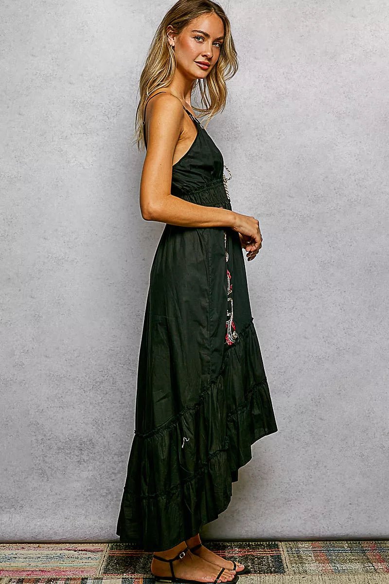 POL Embroidered Detail Tassel Tie Smocked Waist Midi Tiered Cami Dress - Bitsy Gypsy Boutique