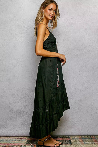 POL Embroidered Detail Tassel Tie Smocked Waist Midi Tiered Cami Dress - Bitsy Gypsy Boutique